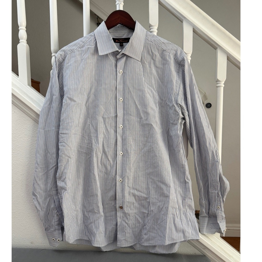 Ben‎ Sherman Mens Blue White Striped Long Sleeve Button Down Shirt 16 34-35 L